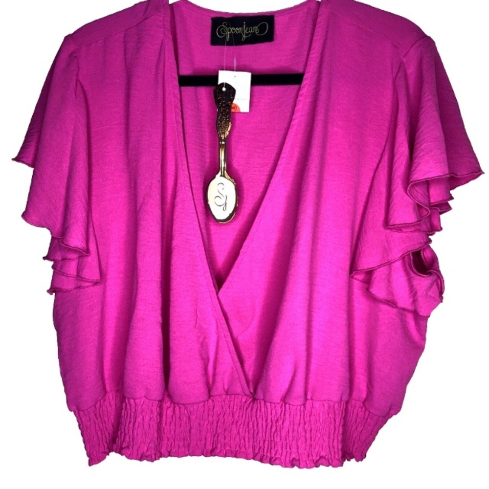 Women's Candy Pink Ruffle Sleeve V-Neck Crop Top Size 1X Spoon Jeans New